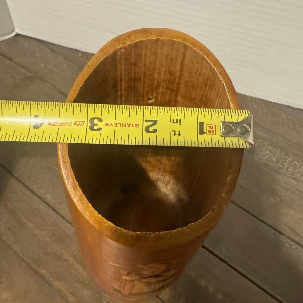 Rustic Brown Wooden Vase with Vintage Illustration